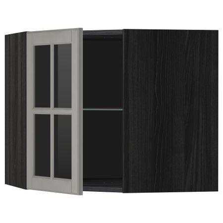 Угловой навесной шкаф с полками, стекляными дверцами МЕТОД, черный, Будбин серый