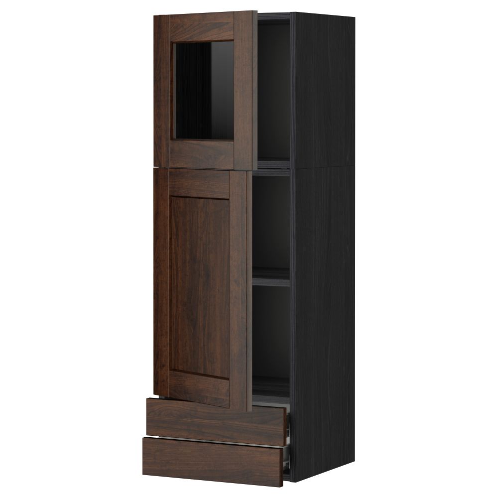 Навесной шкаф, дверцы, стеклянные дверцы, 2 ящика МЕТОД / ФОРВАРА, черный, Эдсерум коричневый (40x120 см) - фото 1