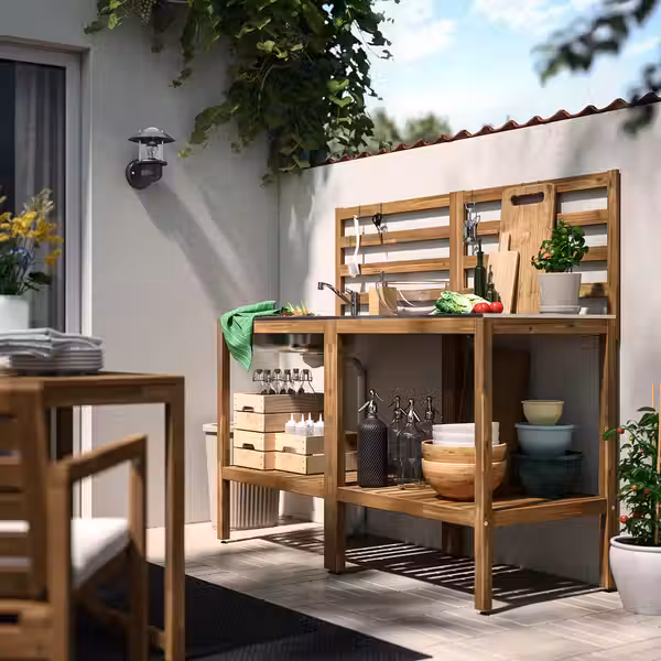 NÄMMARÖ Кухня с мойкой, для улицы - светло-коричневая морилка/нержавеющ сталь 80x62 см - фото 2