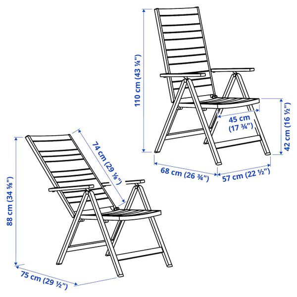 Садовое кресло, регулируемая спинка, светло-серый складной/темно-серый IKEA SJÄLLAND ШЭЛЛАНД 404.053.48 - схема-чертеж с размерами