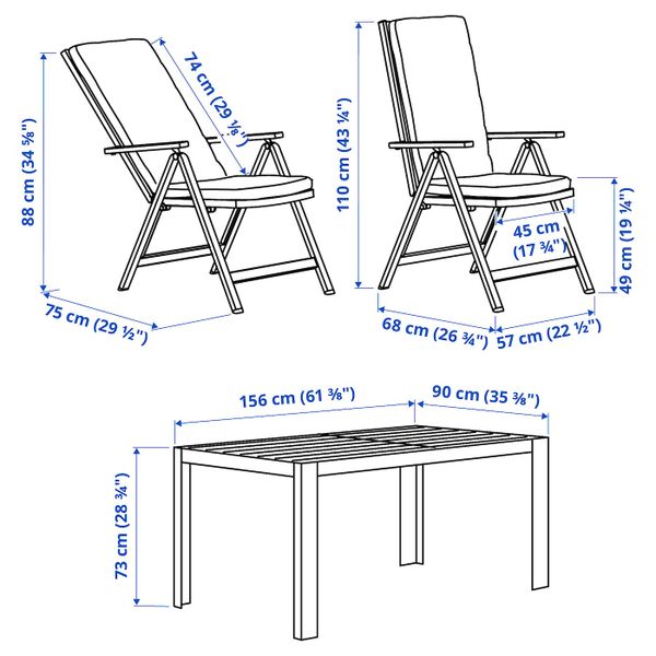 Стол + 4 кресла, для/сада, темно-серый/ФРЁСЁН/ДУВХОЛЬМЕН бежевый 156x90 см IKEA SJÄLLAND ШЭЛЛАНД 692.671.10 - схема-чертеж с размерами
