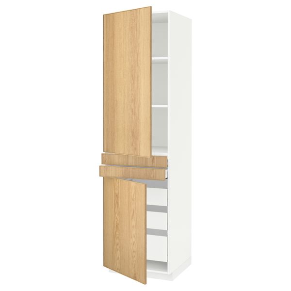 Высокий шкаф + полки, 5 ящиков, 2 дверцы, 2 фронтальных МЕТОД / МАКСИМЕРА, белый, Экестад дуб - схема-чертеж с размерами