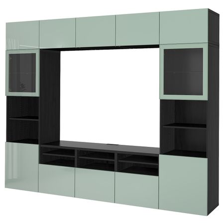 Шкаф для ТВ, комбинированный, стекляные дверцы, черно-коричневый Сельсвикен, глянцевый/серо-зеленый светлый прозрачное стекло,