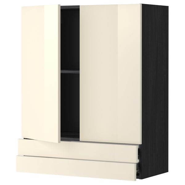 Навесной шкаф, 2 дверцы, 2 ящика МЕТОД / ФОРВАРА, черный, Рингульт кремовый - фото 1