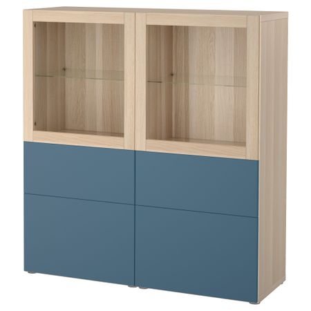 Комбинация для хранения со стеклянными дверцами БЕСТО, под беленый дуб Вальвикен, темно-синий прозрачное стекло (120x40x128 см)