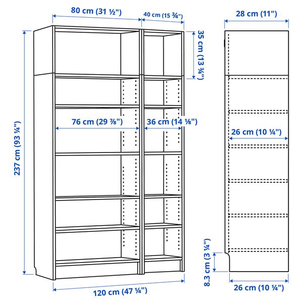Стеллаж комбинация, верхняя полка, 120x28x237 см, черно-коричневый IKEA BILLY БИЛЛИ 392.307.12 - схема-чертеж с размерами