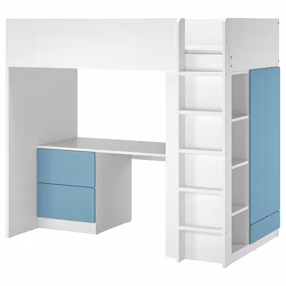 SMÅSTAD Кровать-чердак - белый синий/с письменным столом с 3 ящиками 90x200 см - фото 1