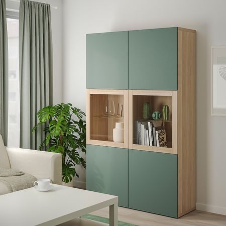Комбинация для хранения + стеклянная дверц, под беленый дуб/Нотвикен серо-зеленый прозрачное стекло 120x42x192 см IKEA BESTÅ