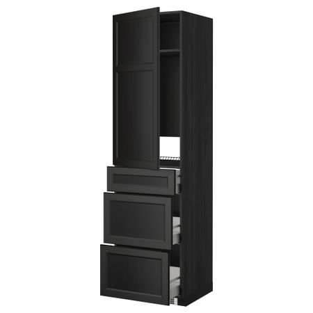 Высокий шкаф для холодильника, с дверцами, 3 ящика МЕТОД / МАКСИМЕРА, черный, Лаксарби черно-коричневый (60x60x220 см)