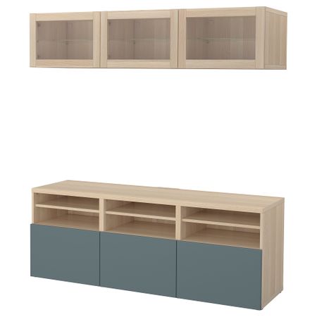 Шкаф для ТВ, комбинированный, стекляные дверцы БЕСТО, под беленый дуб, Вальвикен серо-бирюзовый, прозрачное стекло (180x40x192