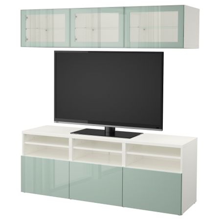 Шкаф для ТВ, комбинированный, стекляные дверцы БЕСТО, белый Сельсвикен, глянцевый/серо-зеленый светлый прозрачное стекло