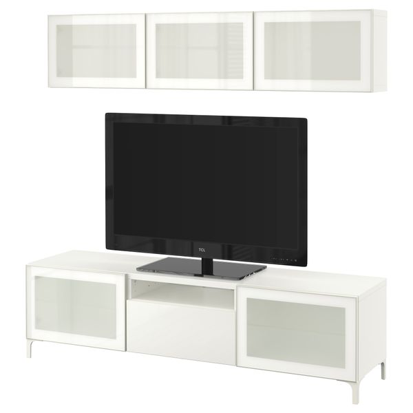 Шкаф для ТВ, комбинированный, стекляные дверцы БЕСТО, белый, Сельсвикен глянцевый/белый матовое стекло (180x20/40x166 см) - фото 1