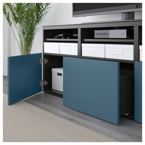 Шкаф для ТВ, комбинированный, стекляные дверцы БЕСТО, черно-коричневый Вальвикен, темно-синий прозрачное стекло (180x40x192 см) - фото 3