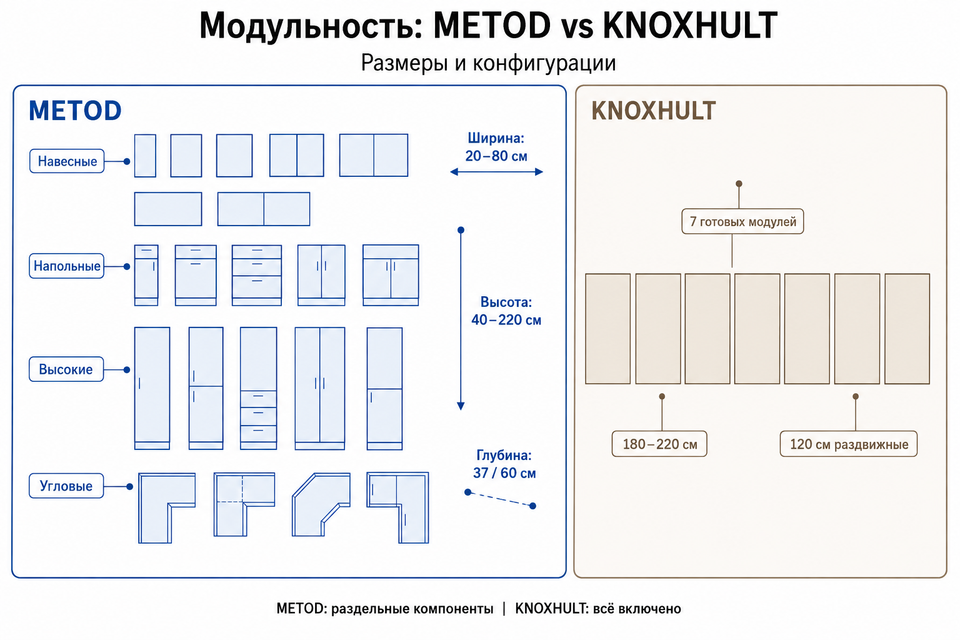 Диаграмма модульности: METOD десятки размеров и конфигураций vs KNOXHULT 7 готовых модулей