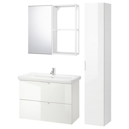 Комплект мебели для ванной,9 предм., глянцевый белый/ПИЛКОН смеситель 84x43x65 см IKEA FISKÅN ФИСКОН / TVÄLLEN ТВЭЛЛЕН