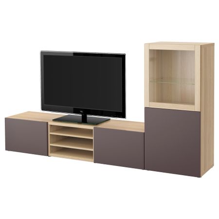 Шкаф для ТВ, комбинированный, стекляные дверцы БЕСТО, под беленый дуб, Вальвикен темно-коричневый, прозрачное стекло (240x40x128