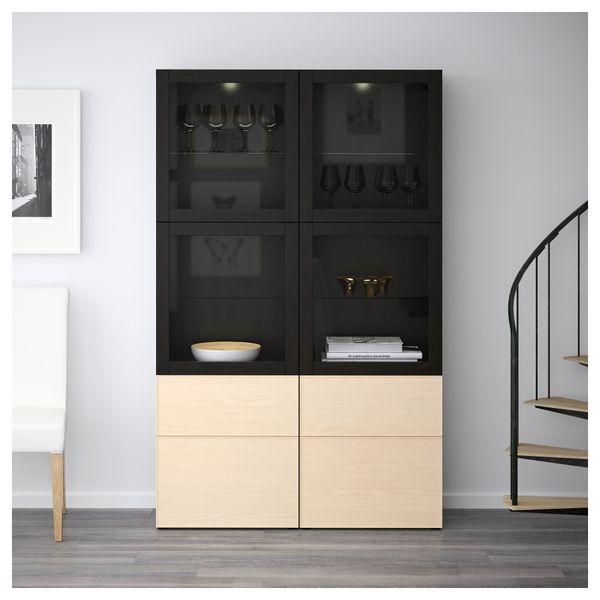 Комбинация для хранения со стеклянными дверцами БЕСТО, черно-коричневый Синдвик, Инвикен ясеневый шпон (120x40x192 см) - фото 2