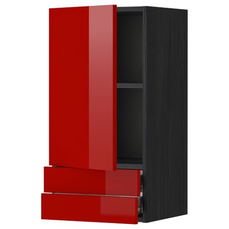Навесной шкаф с дверцей, 2 ящика МЕТОД / ФОРВАРА, черный, Рингульт красный