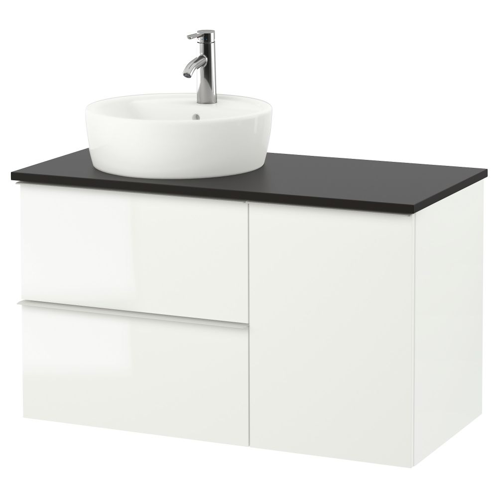 Шкаф с раковиной 45 см ГОДМОРГОН/ТОЛКЕН / ТОРНВИКЕН, глянцевый белый, антрацит (102x49x74 см) - фото 1