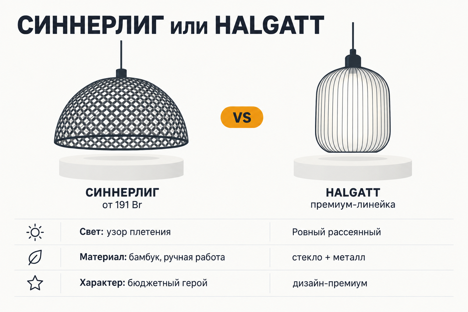 Инфографика: силуэты СИННЕРЛИГ и HALGATT и три строки сравнения − цена, характер света, материал и линейка