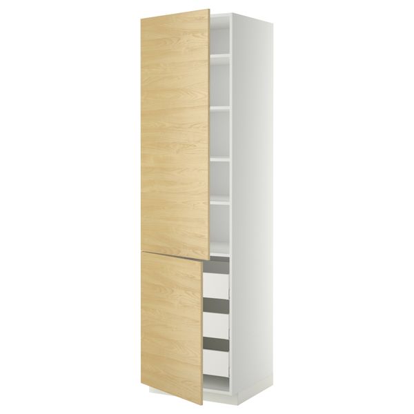 Высокий шкаф + полки, 3 ящика, 2 дверцы МЕТОД / МАКСИМЕРА, белый, Тингсрид береза - фото 1