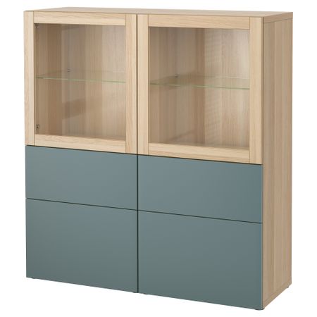 Комбинация для хранения со стеклянными дверцами БЕСТО, под беленый дуб, Вальвикен серо-бирюзовый, прозрачное стекло (120x40x128