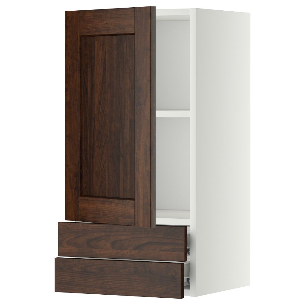 Навесной шкаф с дверцей, 2 ящика МЕТОД / ФОРВАРА, белый, Эдсерум коричневый - фото 1