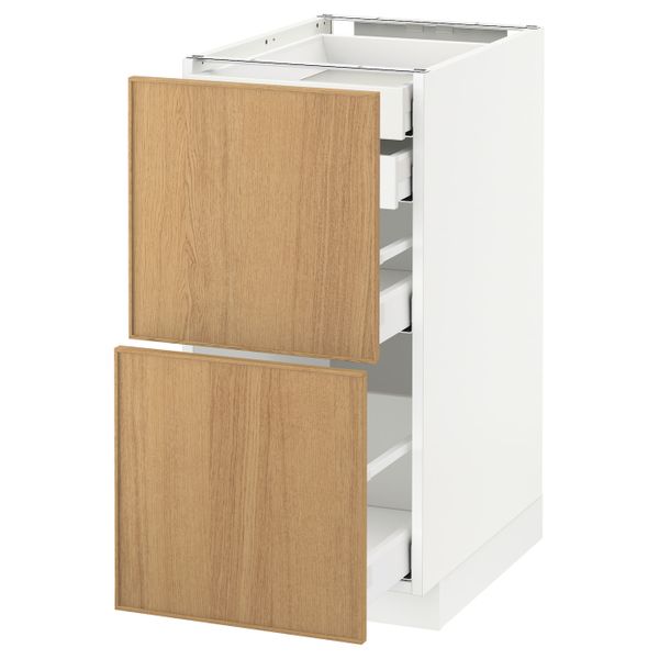 Напольный шкаф 2 фронтальные панели, 2 нижних, 1 средний, 1 высокий ящ, белый/Экестад дуб 40x60 см IKEA METOD МЕТОД / MAXIMERA - схема-чертеж с размерами