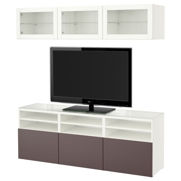 Шкаф для ТВ, комбинированный, стекляные дверцы БЕСТО, белый, Вальвикен темно-коричневый, прозрачное стекло (180x40x192 см) - фото 1