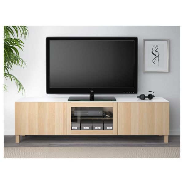 Тумба под ТВ, с дверцами БЕСТО, Лаппвикен под беленый дуб, прозрачное стелко (180x40x38 см) - схема-чертеж с размерами