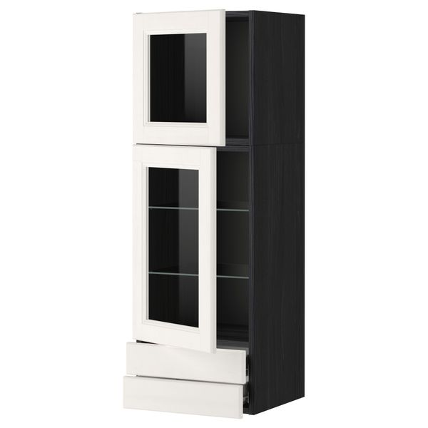 Навесной шкаф, 2 стеклянные дверцы, 2 ящика МЕТОД / ФОРВАРА, черный, Лаксарби белый - фото 1