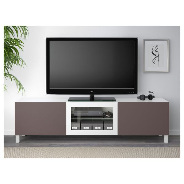 Тумба под ТВ с ящиками и дверцей БЕСТО, белый, Вальвикен темно-коричневый, прозрачное стекло (180x40x48 см) - фото 2