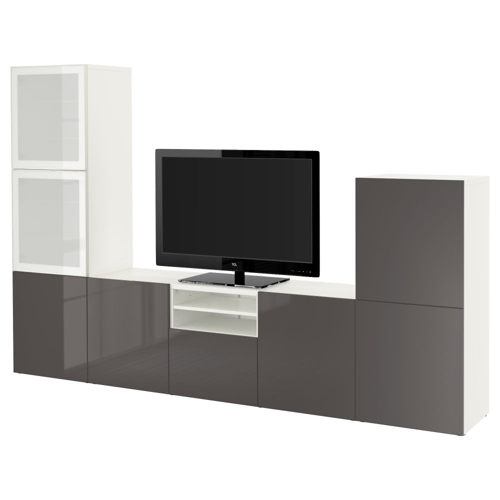 Шкаф для ТВ, комбинированный, стекляные дверцы БЕСТО, белый, Сельсвикен глянцевый/серый матовое стекло (300x40x192 см) - фото 1