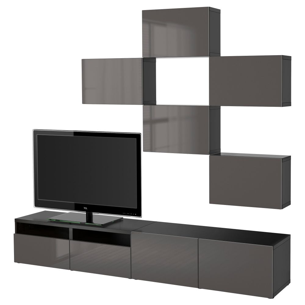 Шкаф для ТВ, комбинация БЕСТО, черно-коричневый, Сельсвикен глянцевый/серый (240x20/40x204 см) - фото 1