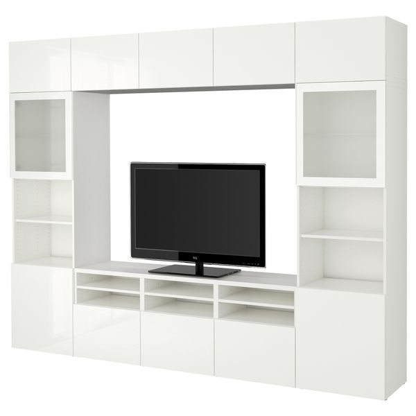 Шкаф для ТВ, комбинированный, стекляные дверцы БЕСТО, белый, Сельсвикен глянцевый/белый матовое стекло (300x40x230 см) - фото 1