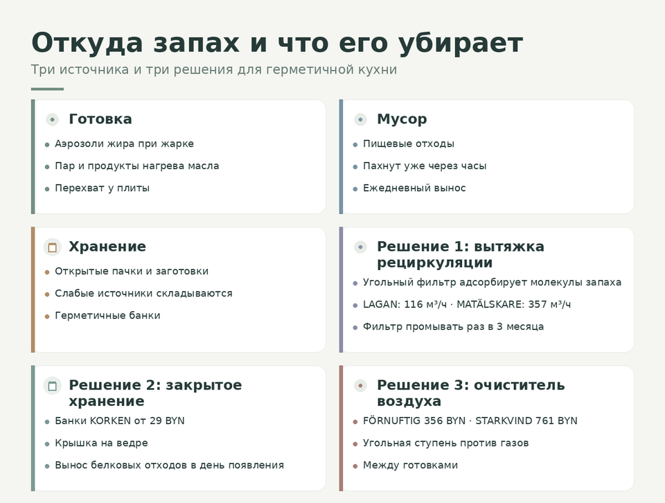 Схема: три источника кухонных запахов и три решения — вытяжка с угольным фильтром, банки, очиститель воздуха