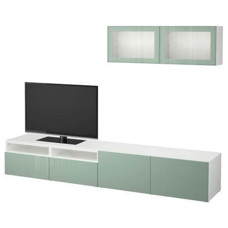 Шкаф для ТВ, комбинированный, стекляные дверцы БЕСТО, белый Сельсвикен, глянцевый/серо-зеленый светлый прозрачное стекло
