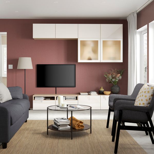 Шкаф для ТВ, комбинированный, стекляные дверцы, под беленый дуб/Сельсвикен глянцевый, белый матовое стекло 240x42x231 см IKEA - фото 3