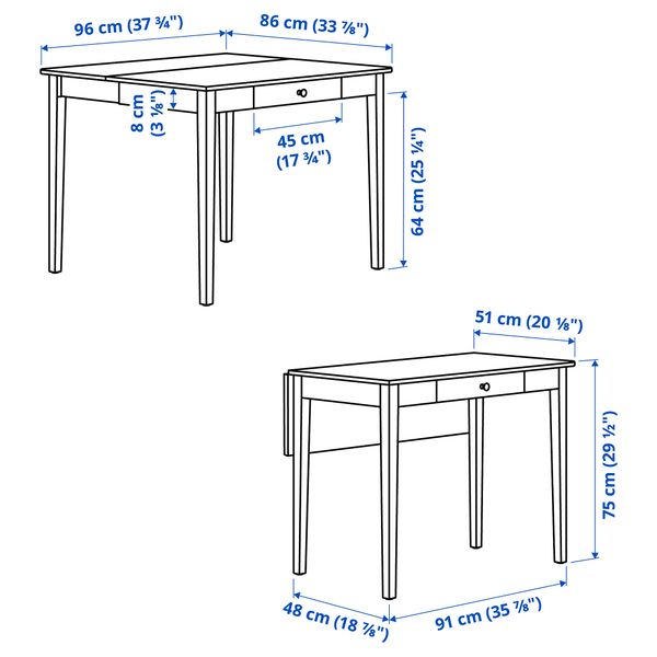 Стол с откидной полой, белый, 51, 86x96 см IKEA IDANÄS ИДАНЭС 004.876.52 - схема-чертеж с размерами
