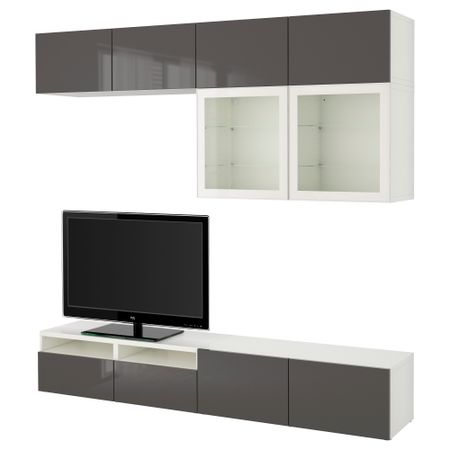 Шкаф для ТВ, комбинированный, стекляные дверцы БЕСТО, белый, Сельсвикен глянцевый/серый прозрачное стекло (240x40x230 см)