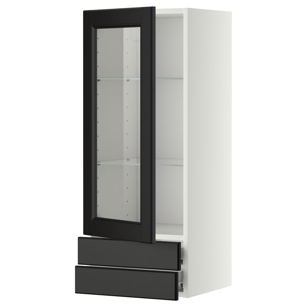 Навесной шкаф, стеклянная дверца, 2 ящика МЕТОД / ФОРВАРА, белый, Лаксарби черно-коричневый - фото 1