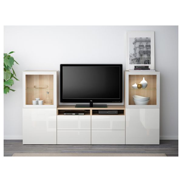 Шкаф для ТВ, комбинированный, стекляные дверцы БЕСТО, под беленый дуб, Сельсвикен глянцевый/белый прозрачное стекло (240x40x128 - фото 2