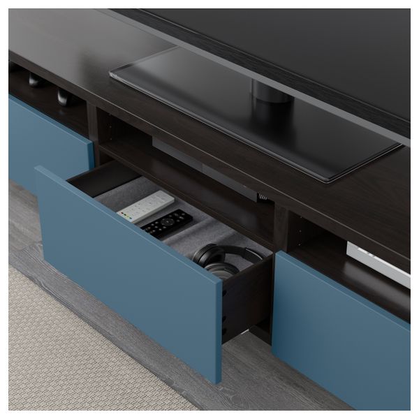 Тумба для ТВ с ящиками БЕСТО, черно-коричневый, Вальвикен темно-синий (180x40x48 см) - фото 3