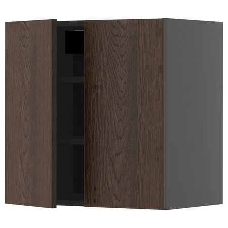 METOD Навесной шкаф с полками/2дверцы - черно-серый/Sinarp коричневый 60x60 см