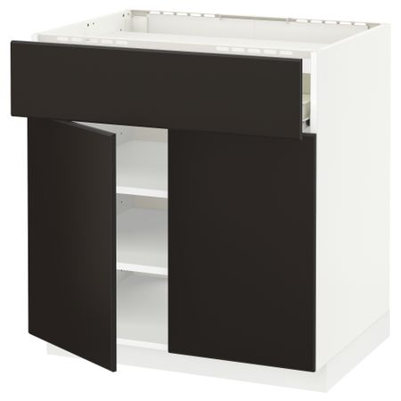 Напольный шкаф для варочной панели, ящик, полка, 2 дверцы МЕТОД / ФОРВАРА, белый, Кунгсбакка антрацит (80x60 см)