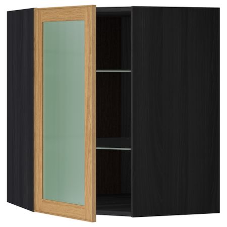 Угловой навесной шкаф с полками, стекляными дверцами МЕТОД, черный, Экестад дуб