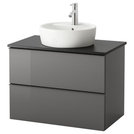 Шкаф п-раковину/столешн45/раковина ГОДМОРГОН/АЛДЕРН / ТОРНВИКЕН, глянцевый серый, черный