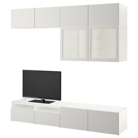 Шкаф для ТВ, комбинированный, стекляные дверцы БЕСТО, белый Лаппвикен, Синдвик светло-серый прозрачное стекло (240x40x230 см)