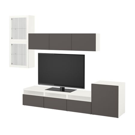 Шкаф для ТВ, комбинированный, стекляные дверцы БЕСТО, белый Грундсвикен, темно-серый прозрачное стекло (300x20/40x211 см)