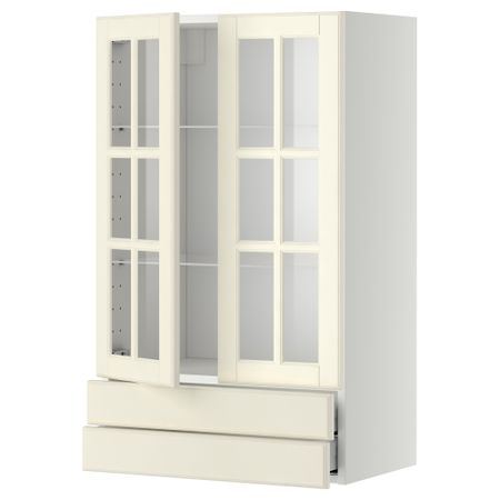 Навесной шкаф, 2 стеклянные дверцы, 2 ящика МЕТОД / МАКСИМЕРА, белый, Будбин белый с оттенком